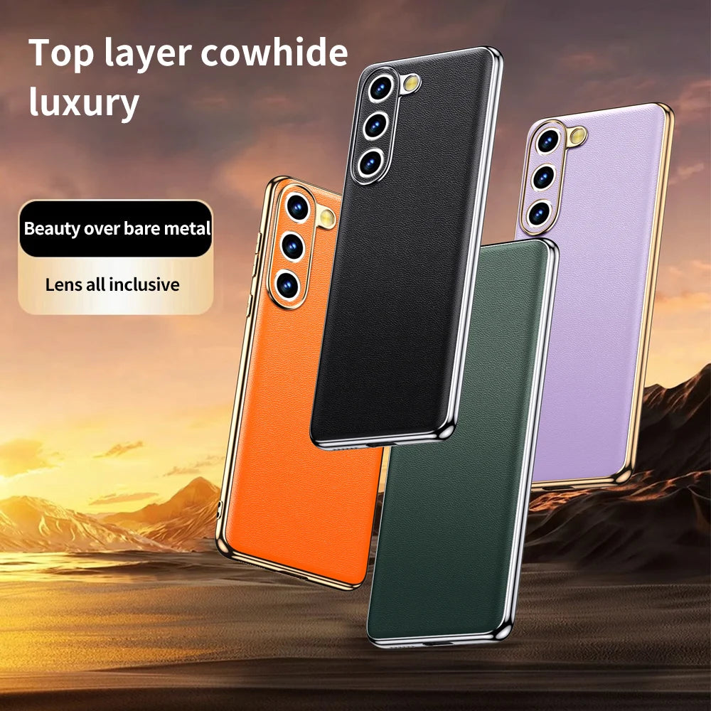 Genuine Cowhide Leather Phone Case for Samsung Galaxy S24 S23 Ultra S22 Plus S21 FE Note 20 Plating Shockproof Protector Cover - Orange / For Galaxy S24 Ultra - Sky-cover