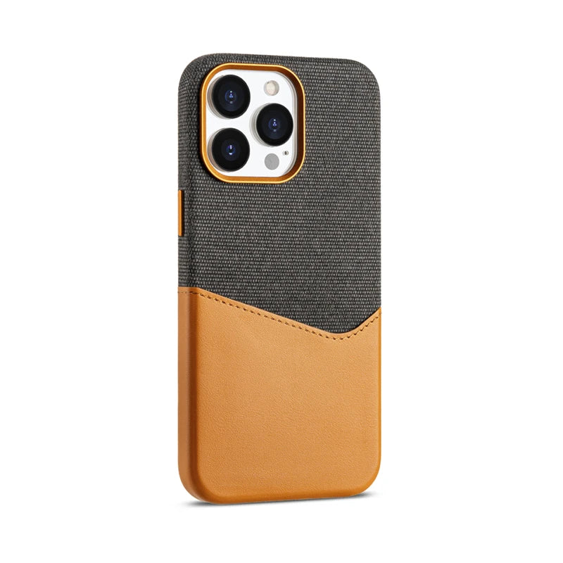 Leather Case with MagSafe Card Holder for iPhone 16 15 14 13 12 Pro Max with Wireless Charger Lens Metal Alloy Cover Color Block - Black-Brown / For iPhone 16 Pro Max - Sky-cover