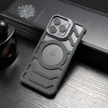 Luxury Carbon Fiber Style Magnetic Phone Case for iPhone 16 15 14 13 12 Pro Max with Lens Holder