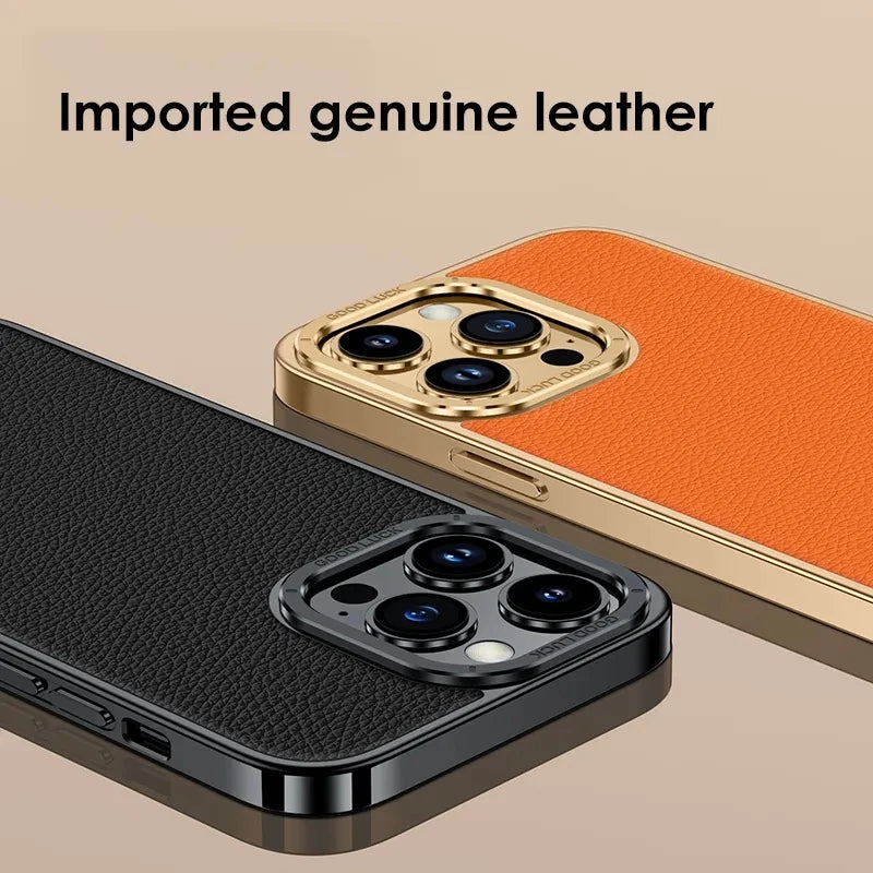 Luxury dermis Phone Case For iPhone 14 13 12 Pro Max Genuine leather Electroplated border Cover - Sky-cover