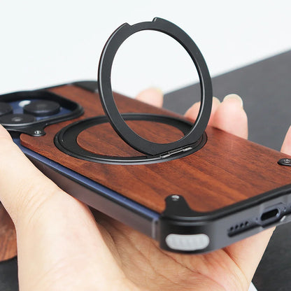 Luxury Magnetic Magsafe Phone Case for IPhone 15 14 13 Pro Max Walnut Wood Metal Case 360°Rotating Ring Stand Framework - Sky-cover