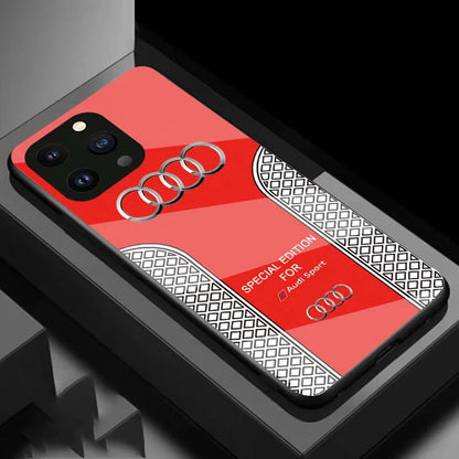Luxury Audi Sports Car Pattern Phone Case Hard Glass Cover for iPhone - Red / for iphone 15 pro max - sky-cover