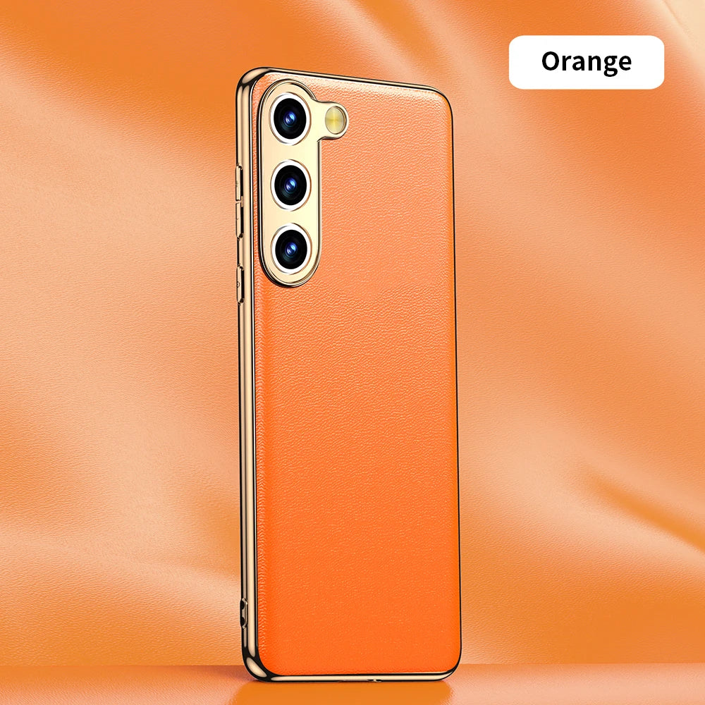 Genuine Cowhide Leather Phone Case for Samsung Galaxy S24 S23 Ultra S22 Plus S21 FE Note 20 Plating Shockproof Protector Cover - Orange / For Galaxy S24 Ultra - Sky-cover