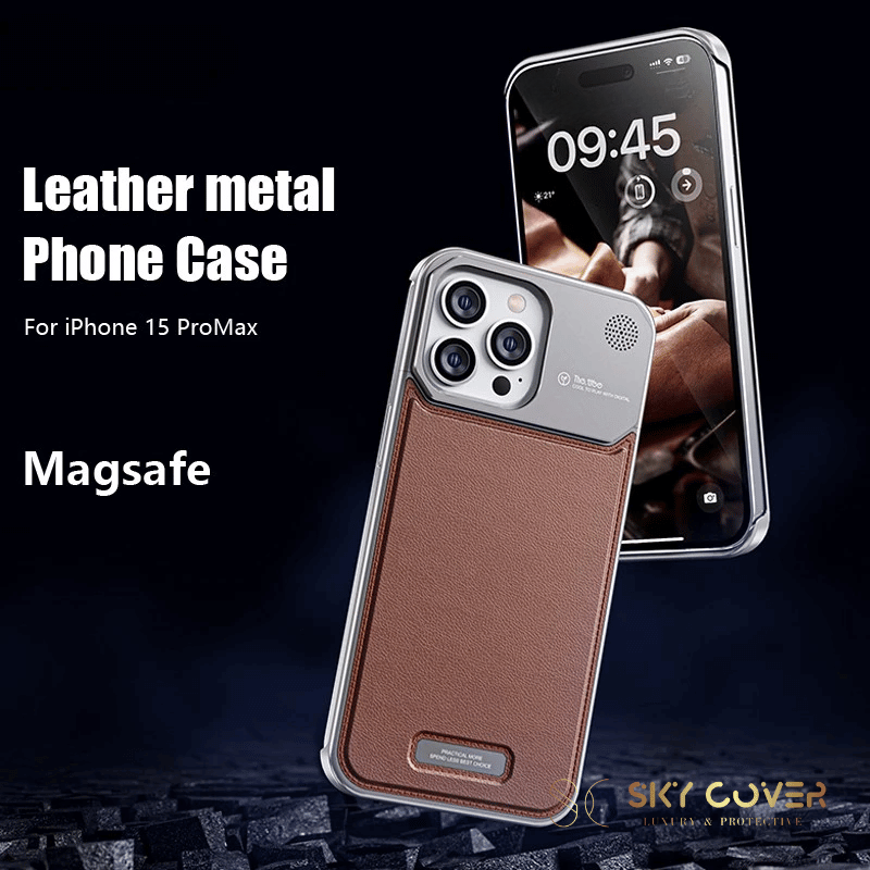 Luxury Metal Leather Phone Case For iPhone 15 14 13 Pro Max Aluminum Magnetic Phone Cover