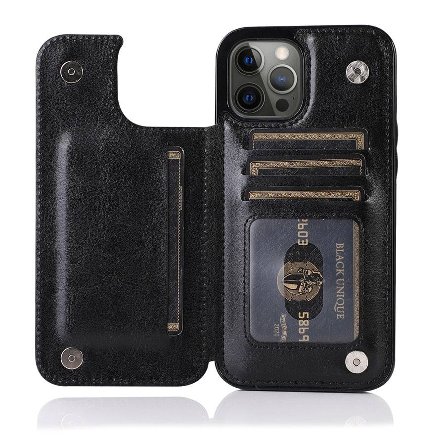 Luxury Slim-Fit Leather Wallet Case | Card Slots | Card Holder Cover - Black / iPhone 14 - sky-cover