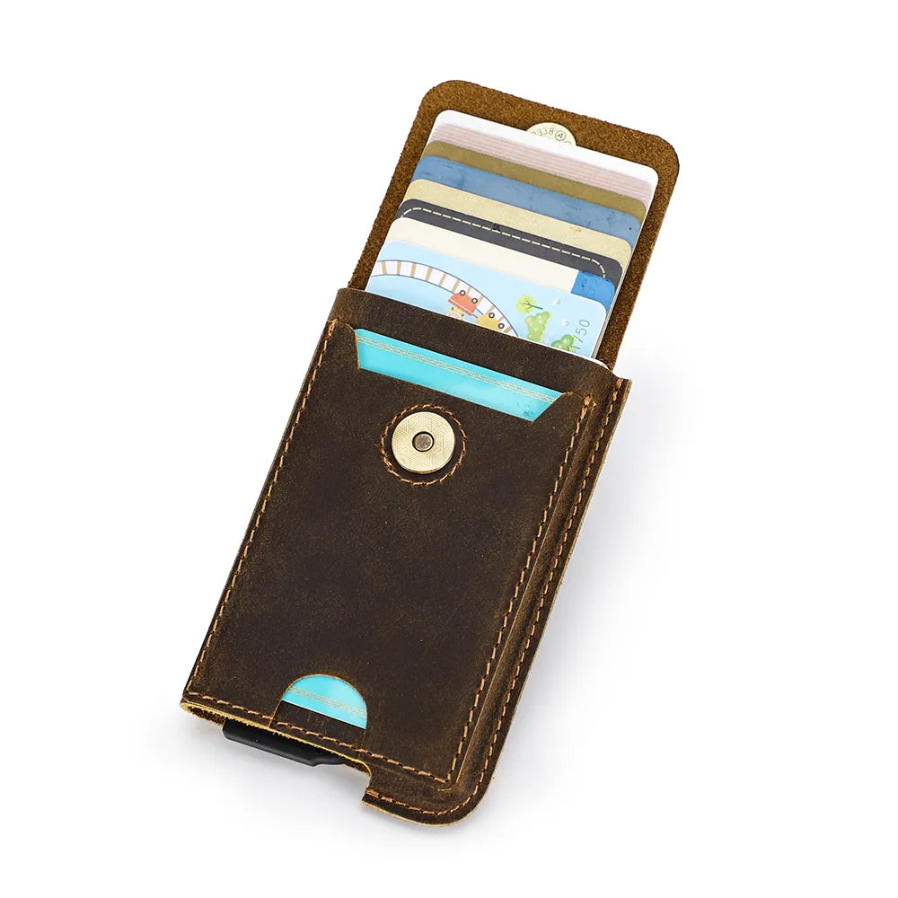Vintage Genuine Leather RFID Blocking Cardholder Wallet for Men - Luxury Slim Card Wallet Case with Aluminum Metal Protection - coffee - Sky-cover