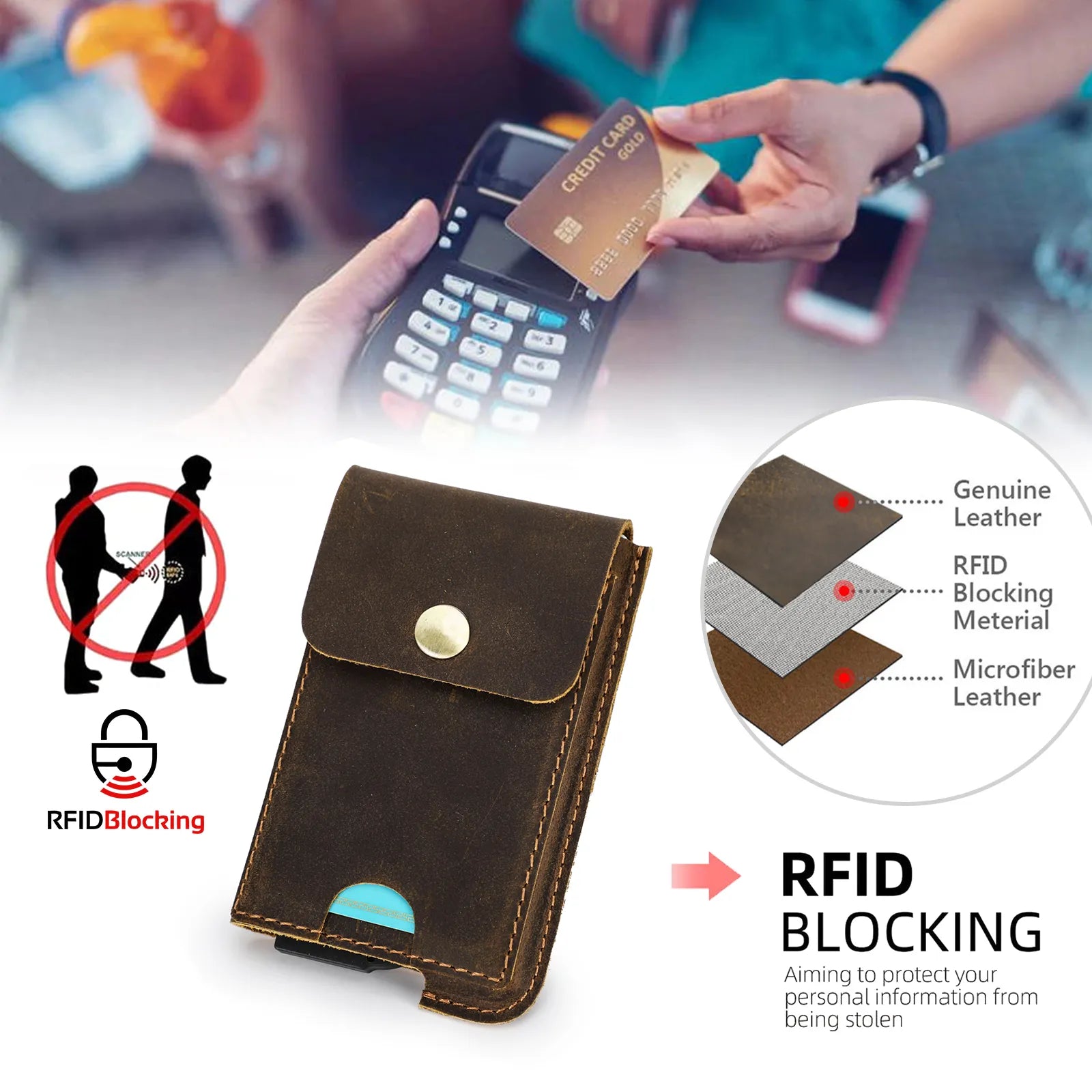 Vintage Genuine Leather RFID Blocking Cardholder Wallet for Men - Luxury Slim Card Wallet Case with Aluminum Metal Protection - Sky-cover